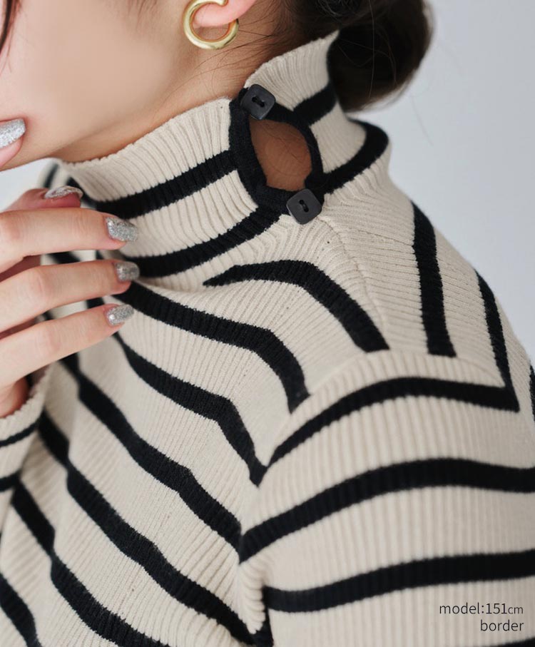 Button-Detail High Neck Knit