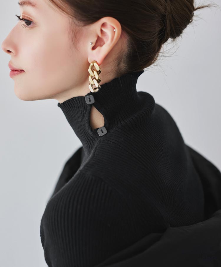 Button-Detail High Neck Knit