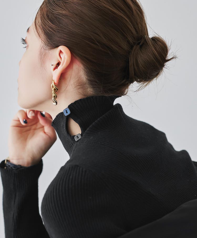 Button-Detail High Neck Knit